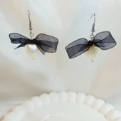 Siyah Fiyonk Kurdele Detaylı Aesthetic Soft Vibes Vintage Coquette Kalp İnci Küpe - 3