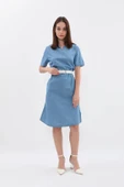 Kaçık Yaka Düz Kısa Kollu Jean Elbise - 5