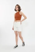 Kadın Yüksek Bel Ekru Jean Şort - 4