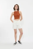 Kadın Yüksek Bel Ekru Jean Şort - 2