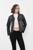 Kadın Cep Detaylı Slim Fit Koyu Gri Jean Ceket - 3