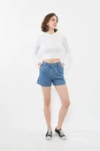 Kadın Yüksek Bel Cepli Mavi Jean Şort - 2