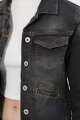 Kadın Cep Detaylı Slim Fit Koyu Gri Jean Ceket - 7