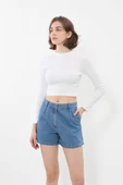 Kadın Yüksek Bel Cepli Mavi Jean Şort - 1