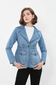 Kadın Uzun Kollu Tek Düğmeli Jean Ceket Açık Mavi - 1