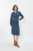 Kadın Önden Düğmeli Kemerli Jean Elbise - 4