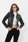 Kadın Cep Detaylı Slim Fit Koyu Gri Jean Ceket - 1