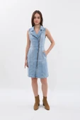 Kadın Açık Mavi Fermuarlı Jean Elbise - 8