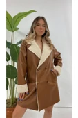 Emma Kadın Taba İçi Kürklü Soğuk ve Su Geçirmez Cepli Deri Peluş Kaban EMMA-6232 - 1