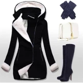 Kışlık Günlük Kaşe Kadın Kapüşonlu Siyah Kaban - 1