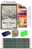 A3 Eskiz Defteri Spralli 50 Yaprak Karakalem Çizim Seti Gölgelendirme Kalemi Kuruboya Hamur Silgi Fatih Dereceli Kalem - 1