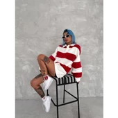 Lucky Life Unisex Üç İplik Parçalı Yakalı SweatShirt - Kırmızı - 4