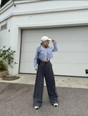 Bağcıklı Palazzo Bol Paça Pantolon - Gri - 1