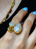 3'lü Doğal Taşlı Ayarlanabilir Altın Kaplama Kadın Yüzük Sitrin Aytaşı eouy4sa thumbnail 2