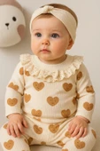 Kalp Baskılı Fisto Yaka 3 Parça Kız Bebek Takımı Krem - 1