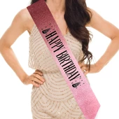 Pembe Üzeri Siyah Büyük Happy Birthday Yazılı Simli Işıltılı Kuşak Kemer 10 cm Genişlik - 1