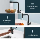 Rena Design Çok Modlu Siyah Mutfak Evye Bataryası Spiralli Çek Bırak Başlık Yağmurlama - 3