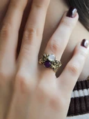 İkili Doğal Taşlı Çiçek Motifli Antik Kadın Ayarlanabilir Yüzük Aytaşı Ametist euy22aamt thumbnail 2