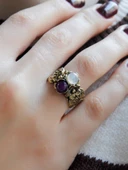 İkili Doğal Taşlı Çiçek Motifli Antik Kadın Ayarlanabilir Yüzük Aytaşı Ametist euy22aamt thumbnail 3