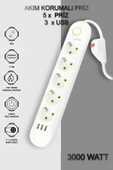 Akım Korumalı 5 'li Grup Priz 3 USB Çıkış 1.5 Metre Kablolu Uzatma Kablosu Isıya Dayanaklı Anahtarlı - 1