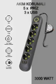 Akım Korumalı 5 'li Grup Priz 3 USB Çıkış 1.5 Metre Kablolu Uzatma Kablosu Isıya Dayanaklı Anahtarlı - 1