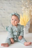 Kız Bebek Mint Organik Pamuk Omuzdan Fırfırlı Tulum ve Bandana Takım (0-24 Ay) - 1