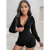 Lucky Life Kadın Uzun Kollu Kapişon Ve Fermuar Detaylı Peluş şort Tulum - 3