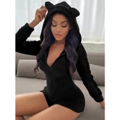 Lucky Life Kadın Uzun Kollu Kapişon Ve Fermuar Detaylı Peluş şort Tulum - 1