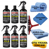 MERTOX ARAÇ ARABA OTOMOBİL OTO TEMİZLİK VE BAKIM SETİ CİLALI OTO ŞAMPUANI+PASTA İNCE ÇİZİK GİDERİCİ+MOTOR TEMİZLEYİCİ+HIZLI CİLA+TORPİDO+LASTİK PARLATICI 6X500ML - 1