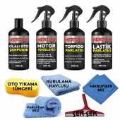 MERTOX ARAÇ ARABA OTOMOBİL OTO TEMİZLİK VE BAKIM SETİ CİLALI OTO ŞAMPUANI MOTOR TEMİZLEYİCİ TORPİDO PARLATICI SÜT VE LASTİK PARLATICI 4X500ML - 1