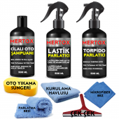 MERTOX ARAÇ ARABA OTOMOBİL OTO TEMİZLİK VE BAKIM SETİ CİLALI OTO ŞAMPUANI+LASTİK+TORPİDO PARLATICI 3X500ML TEMİZLEME SOLÜSYON BAKIM KORUMA - 1