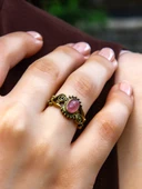 Doğal Taş Pembe Kuvars Doğal Taşlı Antik İşlemeli Ayarlanabilir Kadın Yüzük euy36pk thumbnail 2