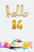 Pazariz 14 Yaş Doğum Günü Balonları - Hello 14 El Yazısı Gold Renk Folyo Balon - 1