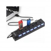 7 Port Usb Hub Çoklayıcı Çoğaltıcı OnOff Düğmeli Işıklı Adaptörlü - 4