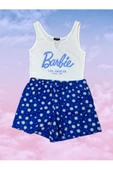 Pazariz Pembecin Şortlu Pijama Takımı Babydol ip Askılı Yazlık Pamuklu Kolsuz Mavi Beyaz Yazılı - 1