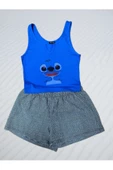 Pazariz Pembecin Şortlu Pijama Takımı Babydol ip Askılı Yazlık Pamuklu Kolsuz Mavi Gri Ayıcık - 1