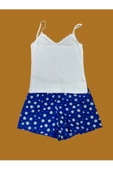 Pazariz Pembecin Şortlu Pijama Takımı Babydol ip Askılı Yazlık Pamuklu Kolsuz Beyaz Askılı Mavi Çiçekli - 2
