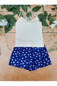 Pazariz Pembecin Şortlu Pijama Takımı Babydol ip Askılı Yazlık Pamuklu Kolsuz Beyaz Askılı Mavi Çiçekli - 1