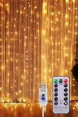 Pazariz Peri Telli Perde Led Işık Kumandalı 300 Ledli 3 X 3 Metre Usb'li 8 Animasyonlu Günışığı Yıld thumbnail 1