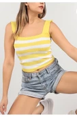 Pazariz Sarı Beyaz Çizgili Kare Yaka Atlet Triko Bluz Crop S / M / L Beden Uyumlu - 2