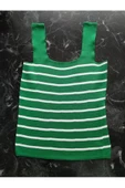 Pazariz Yeşil Beyaz Çizgili Kare Yaka Atlet Triko Bluz Crop S / M / L Beden Uyumlu - 3