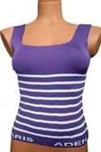 Pazariz Mor Beyaz Çizgili Kare Yaka Atlet Triko Bluz Crop S / M / L Beden Uyumlu - 1