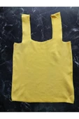Pazariz Sarı Kare Yaka Atlet Triko Bluz Crop S / M / L Beden Uyumlu - 2
