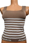 Pazariz Kahverengi Beyaz Çizgili Kare Yaka Atlet Triko Bluz Crop S / M / L Beden Uyumlu - 1
