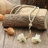 Hediyelik Pamuklu Krem Şal, İnci Tesbih Güllü, Özel Asetat Kutulu (16×8) Set - 2