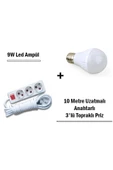 Pazariz 9w Led Ampul + 10 Metre Uzatmalı Anahtarlı 3lü Priz Set - 3