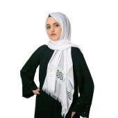 Anneler Günü Hediyesi Güpürlü Beyaz Şal, İnci Tesbih Gri, Asetat Kutulu (16×8) Set - 3