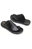 AYALP Erkek Siyah Hakiki Deri Parmak Arası Ortopedik Terlik - 1