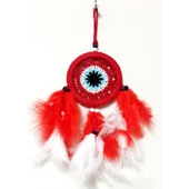 Kırmızı Ve Beyaz Kuş Tüylü Dream Catcher El Yapımı Mini Duvar Süsü - 2