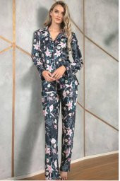 Anıl 9723 Floral Desenli Saten Önden Düğmeli Pijama Tk - 4